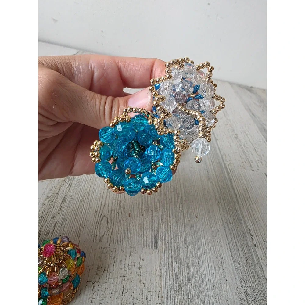 Vintage beaded Bell ornament blue rainbow green pearl Xmas tree set